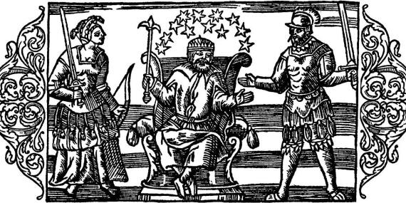 Darstellung der Götter Thor, Odin und Frigg in Olaus Magnus „Historia de Gentibus Septentrionalibus“