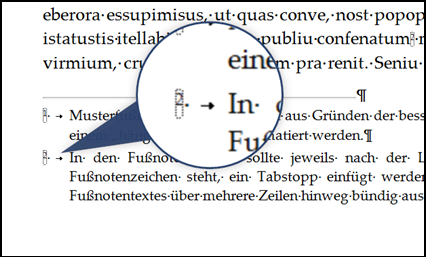 Einfügen des Tabstopps in Fußnoten