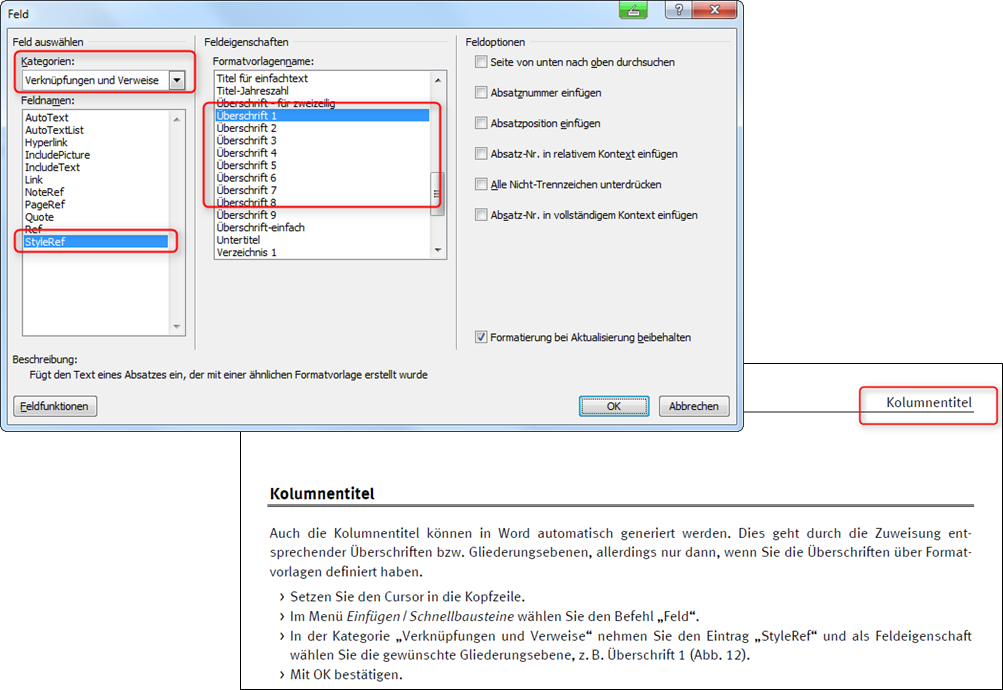 Automatische Kolumnentitel