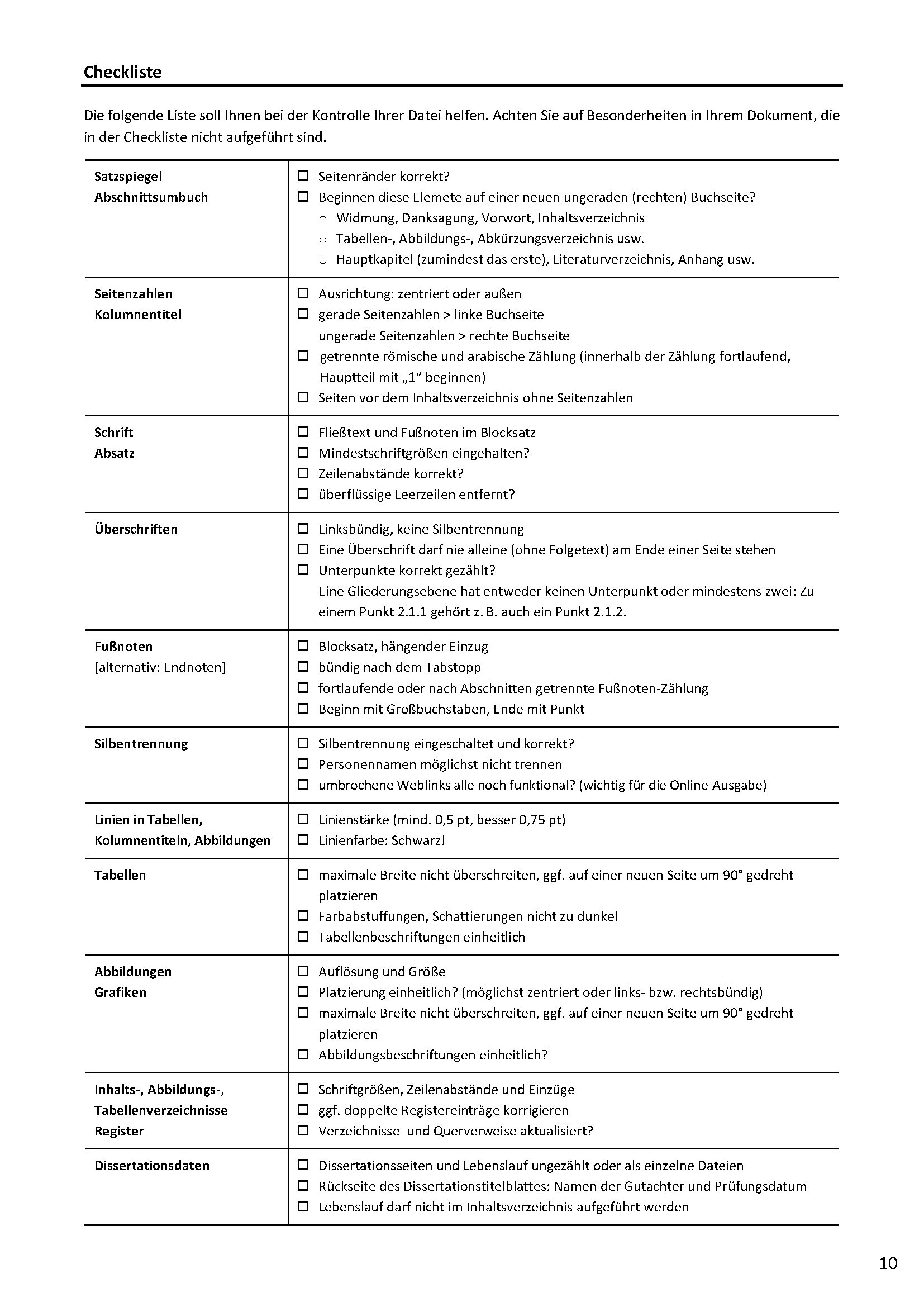 Checkliste zur Prüfung der Formatierung