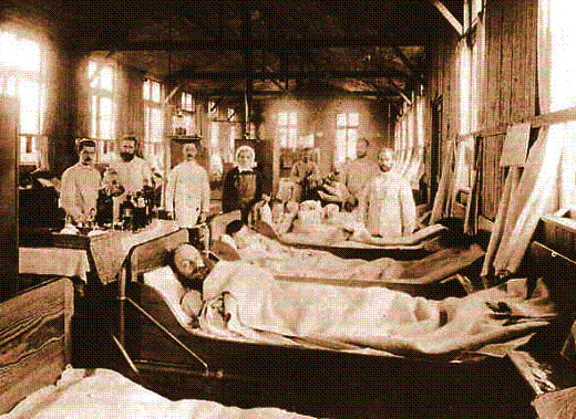 Foto eines Krankensaales mit Cholerainfizierten und Behandlungspersonal