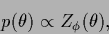 \begin{displaymath}
p(\theta)\propto Z_\phi (\theta)
,
\end{displaymath}