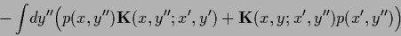 \begin{displaymath}
- \int\! dy^{\prime\prime}
\Big(
p(x,y^{\prime\prime}){{\...
...x^\prime,y^{\prime\prime}) p(x^\prime,y^{\prime\prime})
\Big)
\end{displaymath}