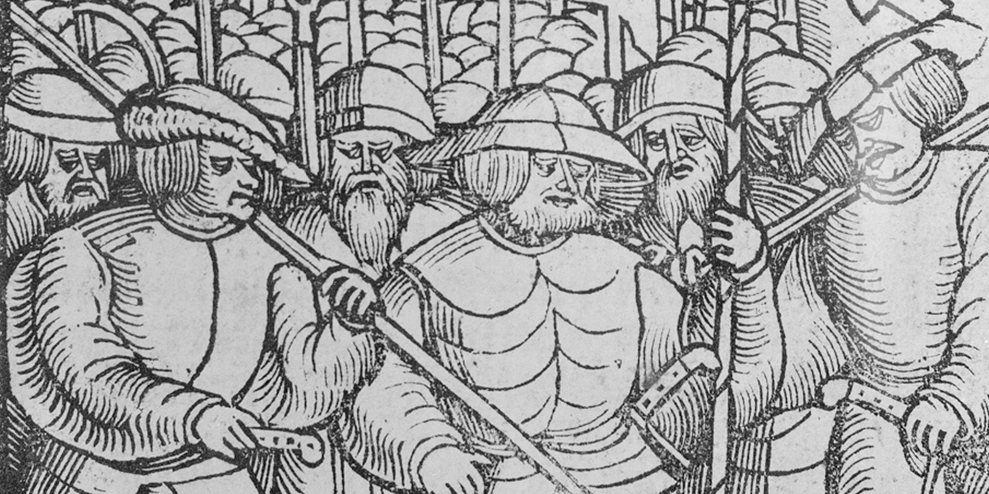 A wood engraving in black and white, showing several men in armour holding long weapons. 