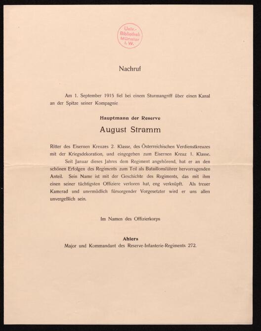 Scan des Nachrufs des Offizierkorps auf August Stramm (Quelle: ULB Münster, N. Stramm 1,052)