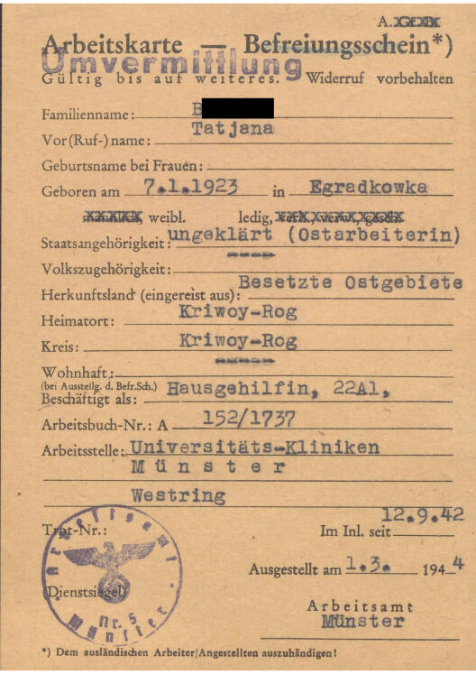 Scan der Arbeitskarte der „Ostarbeiterin“ Tatjana B. (Quelle: Universitätsarchiv Münster, 477/19)