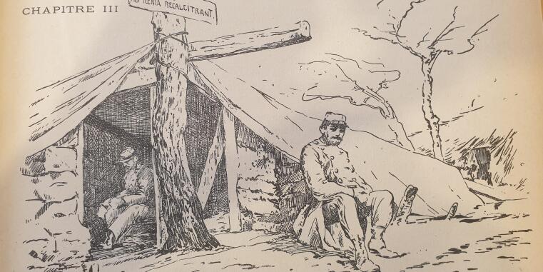 Hütte im Kriegsgefangenenlager Haus Spital, Illustration von A. Potage zum Kriegstagebuch von Sergent Pierre (Lille 1920)