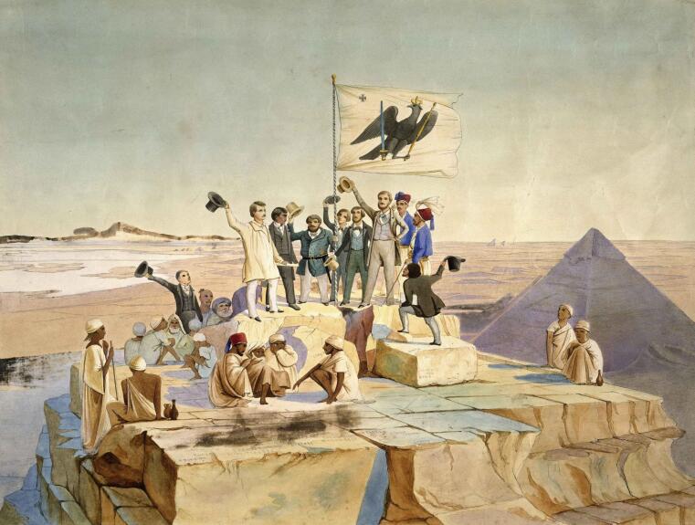 Die Teilnehmer der preußischen Ägypten-Expedition auf der Spitze der Cheops-Pyramide, Aquarell von Johann Jakob Frey, 1842
