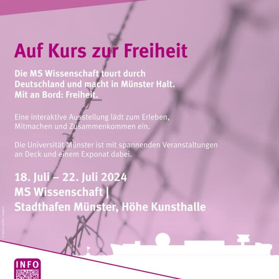 Poster "Auf Kurs zur Freiheit. Die MS Wissenschaft tourt durch Deutschland und macht in Münster Halt. Mit an Bord: Freiheit."