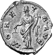 Figur der Moneta, der Personifikation des Geldes, auf einer Silbermünze des Kaisers Antoninus Pius