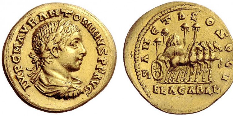 Goldmünze (Aureus) des Kaisers Marcus Aurelius Antoninus, genannt Elagabal (218-222 n. Chr.). Vorderseite: Porträt des Kaisers, Rückseite: Ein Viergespann trägt den heiligen Stein von Emesa, darauf ein Adler.<address>© Archäologisches Museum</address>