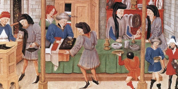 Marktszene im Mittelalter (aus einer französischen Handschrift des 14. Jahrhunderts)<address>© WWU - IStG</address>