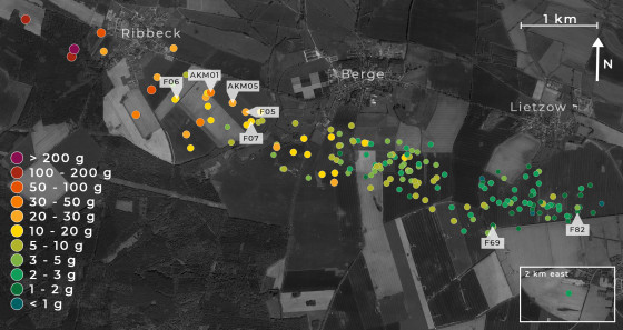 Map view of the debris field at Ribbeck, Berge and Lietzow. The arrows mark the artefacts that the scientists examined.<address>© Andreas Möller</address>