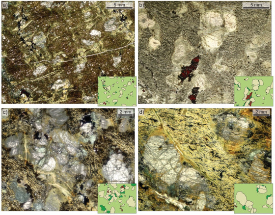 Die Dünnschliffe der untersuchten Gesteine (Peridotite) sind lichtdurchlässig und ermöglichen den Wissenschaftlern einzelne Minerale zu bestimmen. Dabei wurden die in den kleinen schematischen Bildern dunkel grün gekennzeichneten Minerale (Klinopyroxene) aus den Gesteinen separiert und die Isotopenverhältnisse der Elemente Hafnium (Hf) und Neodym (Nd) gemessen. Diese geben Aufschluss, wie sich die chemische Zusammensetzung der Peridotite über Hunderte Millionen bis Milliarden Jahre im Erdmantel entwickelt hat, bevor sie als Teil des Island-Plumes aufstiegen und heute an der Meeresoberfläche beprobt werden konnten.<address>© Sanfilippo, et al.</address>