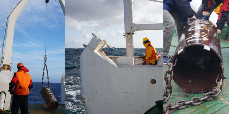 A collage of three images. The images show a man standing on the research ship, a close-up of the dredge being pulled into the sea and a close-up of the dredge.<address>© Alessio Sanfilippo</address>