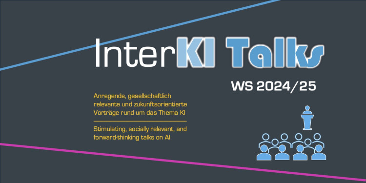 Grafik zur Ankündigung der Vortragsreihe mit stilisierten Personen, die ein Vorlesung hören. Der Text lautet: InterKI Talks WS 2024/25 ... Anregende, gesellschaftlich relevante und zukunftsorientierte Vorträge rund um das Thema KI / Stimulating, socially relevant, and forward-thinking talks on AI<address>© Uni MS - CeNoS</address>