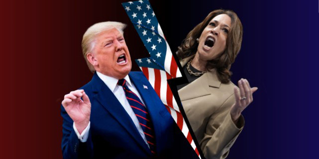 Donald Trump oder Kamala Harris? In der Aula am Aasee können alle Teilnehmenden gemeinsam die US-Päsidentschaftswahl live verfolgen.<address>© Luca Kuklik</address>