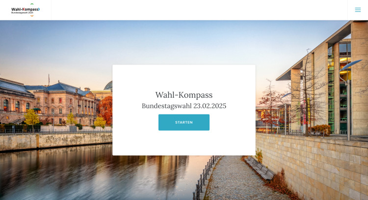 Zu sehen ist ein Screenshot des Wahl-Kompass (Startseite).<address>© wahlkompass</address>